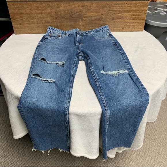 Topshop 30 waist straight heavyweight jeans medium wash factory distressing - Picture 8 of 9